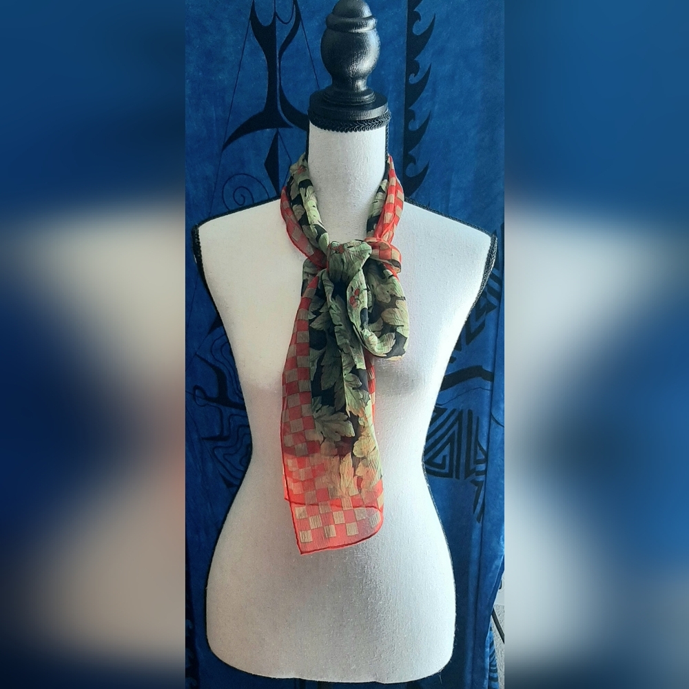 Red Checkered Bordered Scarf Featuring Green Leaves & Red Berries -crepe silk-